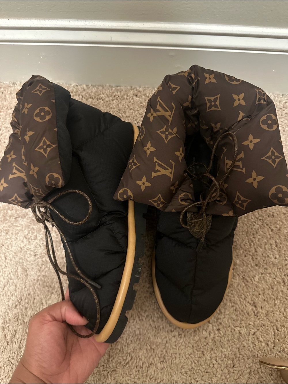Louis Vuitton Black Quilted Winter Boots with Brown Monogram Cuff size 10